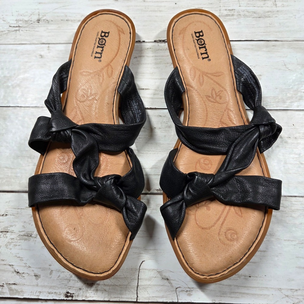 Born B47203 Flat Slide Sandals Knotted Leather Women 9M Black Slip On Strappy